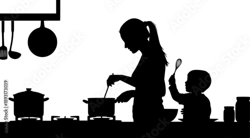 Mother cooking with child silhouettes, family kitchen activity, woman preparing food, domestic chores, parenting, caregiving, teamwork