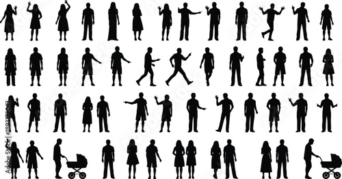 Black silhouette people set with male female figures, crowd poses and gestures, human characters collection isolated on white background vector illustration icons pack design
