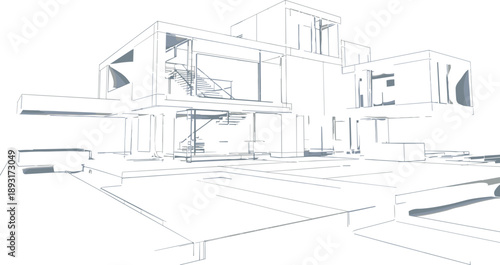 Modern architectural blueprint of a multi-story luxury residence with expansive glass windows and an outdoor swimming pool area