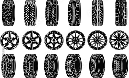 Collection of detailed car tires and alloy wheels, automotive tire tread set, vehicle wheel rims illustration, black silhouette auto parts design