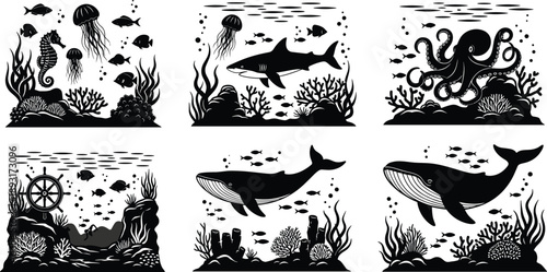 Black silhouette set of underwater marine life including sharks, whales, octopus, jellyfish, fish, and coral reef scenes for ocean wildlife illustration design projects