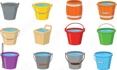 Collection of colorful plastic and metal water buckets with handles, various shapes and sizes, household utility container set illustration