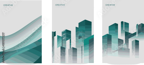 Modern architectural with abstract cityscapes and flowing wave patterns in teal and grey hues
