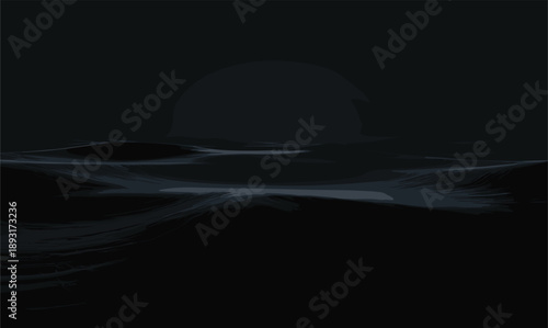 Moody dark abstract seascape with subtle highlights on rolling waves under a barely visible moon or sun creating a sense of depth and mystery