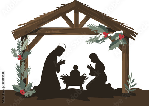 Nativity scene silhouette with Mary and Joseph kneeling before baby Jesus in a manger within a rustic wooden stable decorated with holly and pine branches