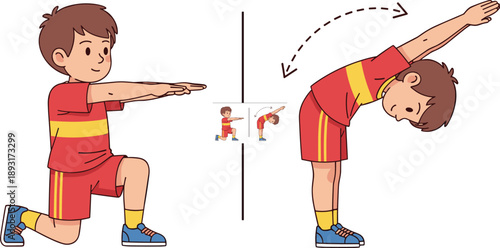 Cartoon boy demonstrating stretching exercises with step by step movement illustrated for kids fitness, flexibility, warm up, posture, and physical education training