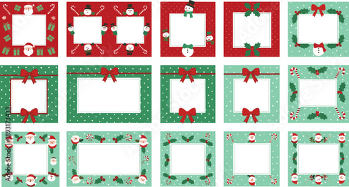 Christmas photo frame set, festive border collection, Santa Claus and snowman design, holiday greeting card template, decorative Christmas background illustration