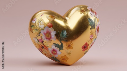3d golden heart surrounded by vibrant flowers for mother’s day celebration and spring gift decoration