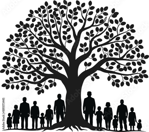 Silhouette of a large, sprawling tree with a family of people standing beneath its branches representing generations and connection