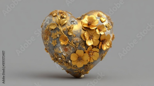 3d golden heart surrounded by vibrant flowers for mother’s day celebration and spring gift decoration