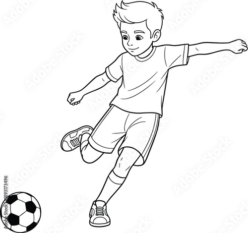 Cartoon boy kicking soccer ball in mid motion illustrated in clean black and white line art for kids football practice, sports activity, movement, and healthy lifestyle concept
