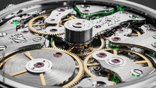 Close-up of intricate mechanical watch gears with silver and gold components, showcasing complex inner mechanisms