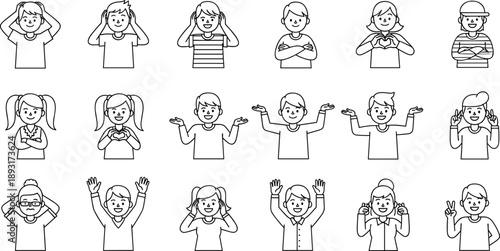 Children gestures illustration, cartoon kids, emotional poses, hand signs, diverse expressions, vector drawing, black and white, school, education