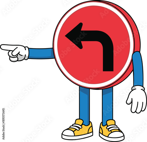 Cartoon left turn traffic sign character pointing direction illustration for navigation, road safety, signage concept, mascot design, isolated on white background vector