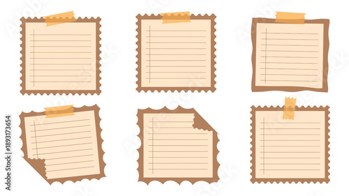 Six blank vintage note papers in retro charming style with warm beige and brown tones, jagged edges, and washi tape texture for scrapbooking and journaling design elements.