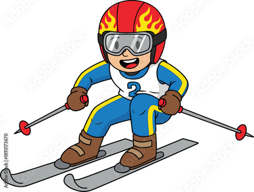 Cartoon skier racing downhill with helmet and goggles illustrated in colorful vector style for kids winter sports, skiing competition, speed, and outdoor adventure concept