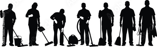 Cleaning service worker silhouettes set showing janitors using vacuum, mop, broom, and tools, black and white people illustrations for housekeeping, maintenance, sanitation