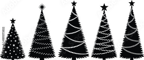 Christmas tree silhouette collection with stars and ornaments, black and white minimalist holiday illustrations for winter celebrations, seasonal decor, modern design, branding, and festive projects