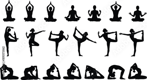 Collection of yoga pose silhouettes showing meditation, balance, flexibility and strength exercises, isolated black female figures demonstrating fitness, mindfulness