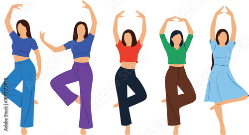 Colorful flat illustration of women practicing yoga tree pose, modern female characters in balance and mindfulness exercises, healthy lifestyle and wellness concept isolated on white background