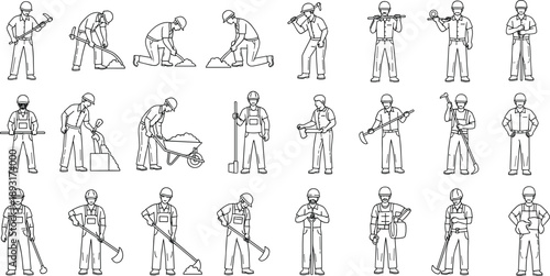 Construction worker line illustration set showing builders using tools in different working poses, black and white outline characters for industry, labor, engineering, safety training