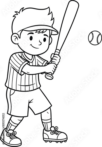 Cute boy playing baseball illustration showing young batter ready to hit ball, kids sports activity, childhood fun, teamwork, training concept, isolated on white background