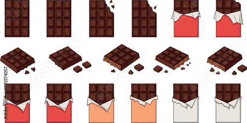Chocolate bar opened wrapper and broken pieces vector set sweet candy illustration