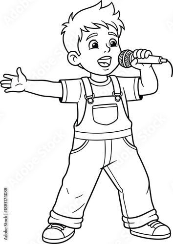 Cute boy singing into microphone with open arms, joyful kids performance concept, childhood talent show illustration, music education theme, black and white line art style