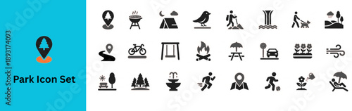 Silhouette vector of Park Icon Set. Picnic place, nature, recreation, camping, hiking, playground, picnic, landscape, forest, relaxation
