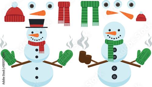 Build your own snowman character vector set with winter hats scarves gloves and facial elements