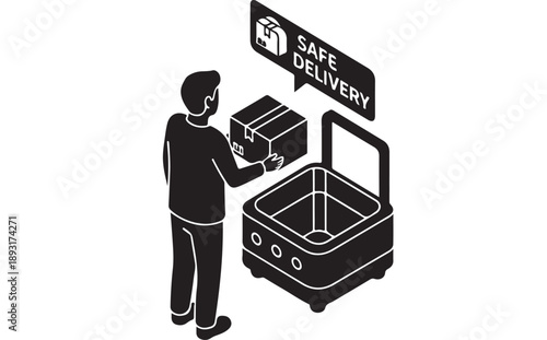 Man placing package into autonomous delivery robot for safe transport.