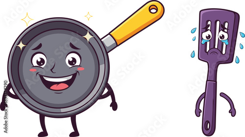 Cartoon frying pan smiling, sad spatula crying, kitchen utensils with emotions, funny cooking tools, personified cookware, humorous illustration, vector art