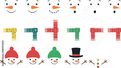 Build your own snowman face parts vector set with winter hats and scarves