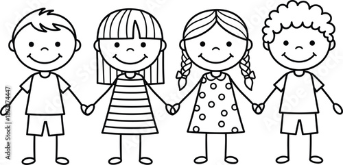 Cute stick figure children holding hands, happy cartoon kids characters in simple line art style, friendship and unity concept illustration isolated on white background