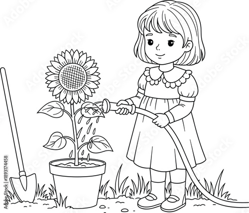 Cute little girl watering sunflower plant with garden hose, children gardening activity concept, nature care, plant growth education, black and white line art illustration