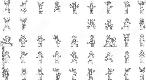 Cute stick figure kids activity set showing happy children jumping, dancing, running, and playing, black and white line icons for education, games, worksheets, and fun concepts