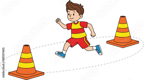 Detailed illustration of young boy running agility obstacle course around cones physical education training child sports movement concept isolated on white background vector design