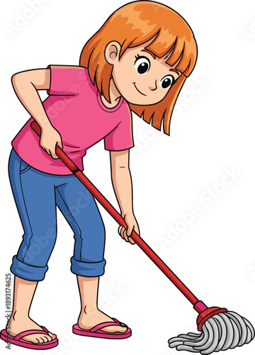 Detailed illustration of young girl mopping floor household cleaning activity child responsibility home hygiene concept isolated on white background vector design