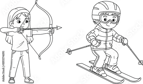 Detailed line art illustration of children practicing archery and skiing sports activities kid recreation winter and outdoor athletics concept isolated on white background vector drawing