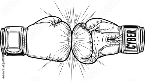 Detailed line art illustration of boxing gloves colliding powerful punch sports fight concept strength competition energy isolated on white background vector drawing