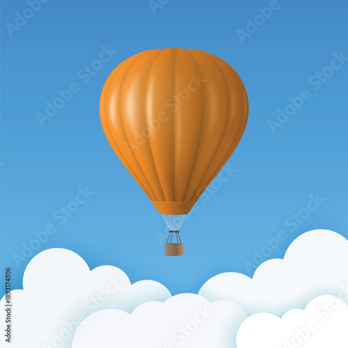Vector Travel Banner with 3d Realistic Orange Hot Air Balloon Icon on a Blue Sky Background, Front View. Design Template, Summer Vacation, Travelling, Tourism and Journey Concept