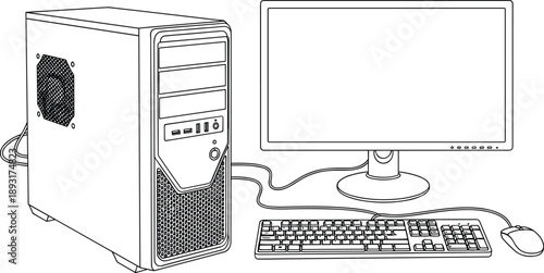 Detailed line art illustration of desktop computer setup with tower monitor keyboard and mouse modern office technology workspace concept isolated on white background vector drawing