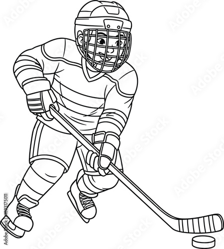 Detailed line art illustration of ice hockey player skating with puck sports action winter game athlete competition concept isolated on white background vector drawing