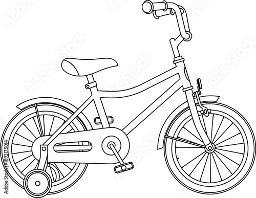 Detailed line art illustration of kids bicycle with training wheels simple child bike outline technical drawing style isolated on white background vector design