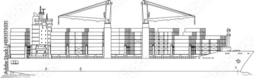 Detailed line art illustration of modern cargo ship with deck cranes industrial maritime vessel technical blueprint style isolated on white background vector engineering drawing