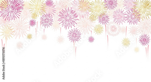 Pink and Gold Fireworks Border Decoration on White Background