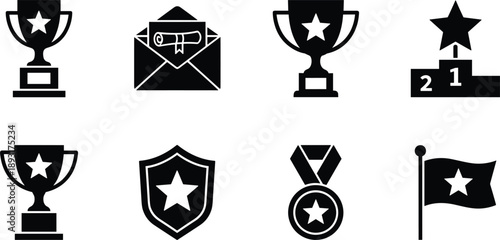 Award and achievement icon set with trophy medal shield flag podium and prize symbols for success recognition design