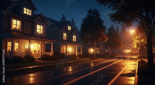 Cozy suburban street at night with illuminated houses, glowing windows, wet road reflecting lights, and trees.