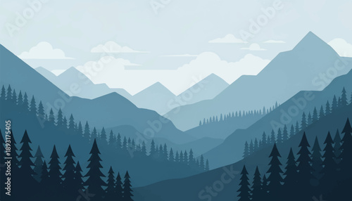Digital illustration of calm blue mountains, silhouetted trees, soft sky and white clouds from a distant valley view