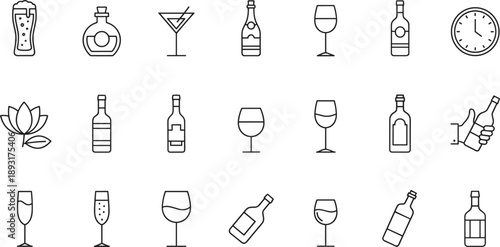 Alcohol drink line icon set featuring wine beer cocktail bottles glasses bar restaurant vector symbols outline collection design